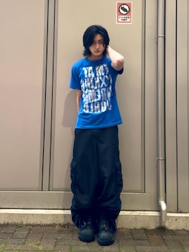 「a2o（エーツーオー）の【a2o】パイピングバギーナイロンパンツ（カーゴパンツ、ブラック系）」を使った、内緒の一郎さん（メンズ・167cm）の夏コーディネート