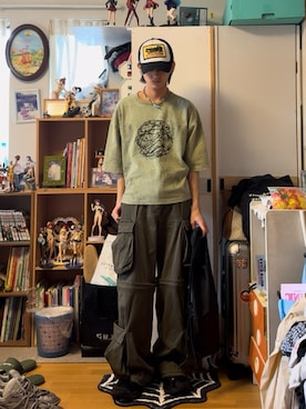 「アイテム（Tシャツ/カットソー、グリーン系）」を使った、内緒の一郎さん（メンズ・167cm）の夏コーディネート