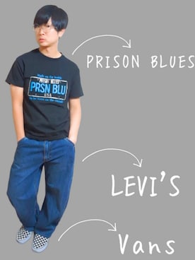 「PRISON BLUESのPrisonBlues Mサイズ（Tシャツ/カットソー、ブラック系）」を使った、Keiさん（メンズ・165cm）の夏コーディネート