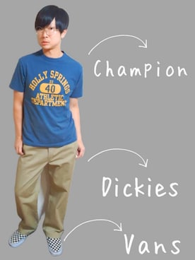 「Champion（チャンピオン）のChampion Tシャツ Mサイズ（Tシャツ/カットソー、ブルー系）」を使った、Keiさん（メンズ・165cm）の夏コーディネート