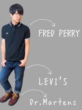 「FRED PERRY（フレッドペリー）のFRED PERRYのポロシャツ（黒）（ポロシャツ、ブラック系）」を使った、Keiさん（メンズ・165cm）の夏コーディネート