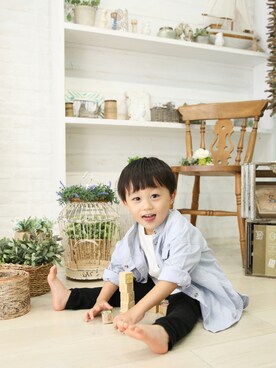 「CIAOPANIC TYPY（チャオパニックティピー）の【OSORO】コットンリネンサファリシャツ（シャツ/ブラウス）」を使った、rittanさん（キッズ・100cm）の夏コーディネート