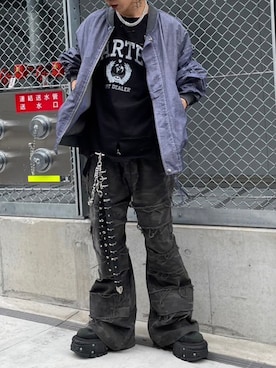 「XU（エックスユー）のアイテム（ブルゾン）」を使った、Never mind the XU / Chikashitsu+さん（メンズ・167cm）の秋コーディネート