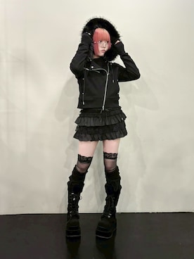 「アイテム（ライダースジャケット）」を使った、Never mind the XU / Chikashitsu+さん（メンズ・168cm）の秋コーディネート