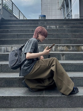 「Chikashitsu +（チカシツプラス）のアイテム（スラックス）」を使った、Never mind the XU / Chikashitsu+さん（レディース・161cm）の夏コーディネート