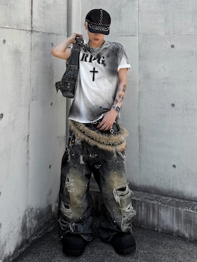 「DIG YOUR OWN GRAVE（ディグユアオウングレイブ）の【DIG YOUR OWN GRAVE】SILENT CROSS CAP / 【ディグユアオウングレイブ】スタッズキャップ（キャップ、ブラック系）」を使った、Never mind the XU / Chikashitsu+さん（メンズ・171cm）の夏コーディネート