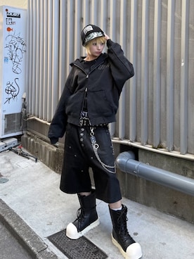 「アイテム（パーカー）」を使った、Never mind the XU / Chikashitsu+さん（レディース・159cm）の冬コーディネート