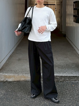 「Chikashitsu +（チカシツプラス）の【Chikashitsu +】boston non-leather bag / 【チカシツプラス】ボストン合皮バッグ（ボストンバッグ、ブラック系）」を使った、Never mind the XU / Chikashitsu+さん（メンズ・167cm）の春コーディネート