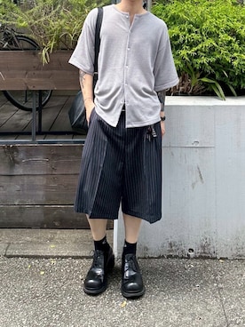 「Chikashitsu +（チカシツプラス）の【Chikashitsu +】stripe bermuda pants / 【チカシツプラス】ストライプスラックスバミューダパンツ（スラックス、ブラック系）」を使った、Never mind the XU / Chikashitsu+さん（レディース・150cm）の夏コーディネート