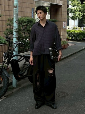 「アイテム（スウェットパンツ）」を使った、Never mind the XU / Chikashitsu+さん（メンズ・178cm）の夏コーディネート