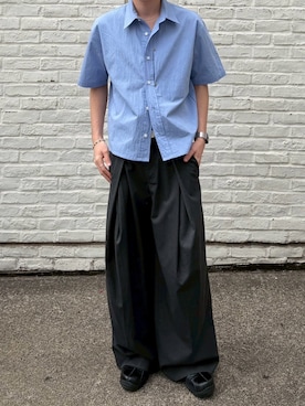 「Chikashitsu +（チカシツプラス）の【Chikashitsu +】cropped rivet shirt / 【チカシツプラス】クロップリベット半袖シャツ（シャツ/ブラウス、ブルー系）」を使った、Never mind the XU / Chikashitsu+さん（レディース・157cm）の春コーディネート