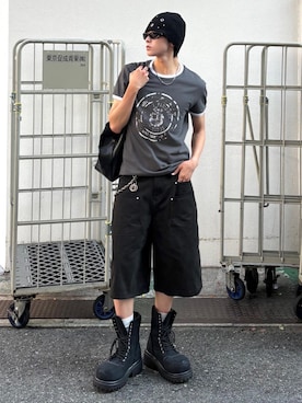 「Chikashitsu +（チカシツプラス）の【Chikashitsu +】stamp printing ringer tee (3color) / 【チカシツプラス】スタンププリントリンガー半袖Tシャツ＜着用動画あり＞（Tシャツ/カットソー、グレー系）」を使った、Never mind the XU / Chikashitsu+さん（メンズ・171cm）の夏コーディネート