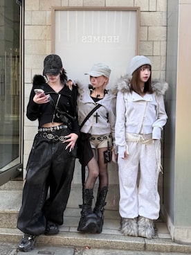 「アイテム（ライダースジャケット）」を使った、Never mind the XU / Chikashitsu+さん（レディース・162cm）の冬コーディネート