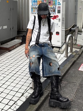 「Never mind the XU / Chikashitsu+（ネバーマインド ザ エックスユー / チカシツプラス）の【nmtc +】lace balaclava / 【エヌエムティーシープラス】レースバラクラバ（ニットキャップ/ビーニー、ブラック系）」を使った、Never mind the XU / Chikashitsu+さん（メンズ・171cm）の夏コーディネート