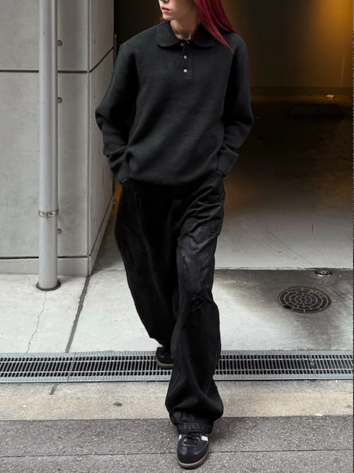Chikashitsu +】coating damage wide denim pants