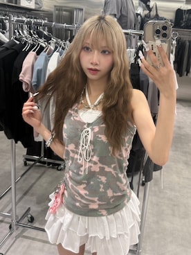 「アイテム（タンクトップ）」を使った、Never mind the XU / Chikashitsu+さん（レディース・153cm）の夏コーディネート