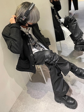 「低身長」｜「アイテム（ノーカラージャケット）」を使った、Never mind the XU / Chikashitsu+さん（メンズ・167cm）の冬コーディネート