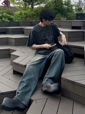 「Chikashitsu +（チカシツプラス）のアイテム（シューズ）」を使った、Never mind the XU / Chikashitsu+さん（メンズ・180cm）の夏コーディネート