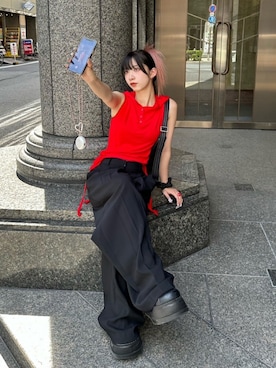 「Chikashitsu +（チカシツプラス）のアイテム（Tシャツ/カットソー）」を使った、Never mind the XU / Chikashitsu+さん（レディース・153cm）の夏コーディネート