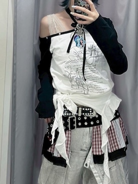 「NOT KNOWING（ノットノーイング）のアイテム（トップス）」を使った、Never mind the XU / Chikashitsu+さん（レディース・165cm）の夏コーディネート
