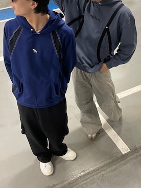 「Chikashitsu +（チカシツプラス）のアイテム（スウェットパンツ）」を使った、Never mind the XU / Chikashitsu+さん（メンズ・182cm）の冬コーディネート