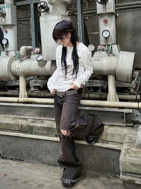 「Never mind the XU（ネバーマインドザエックスユー）の【Never mind the XU】paint graphic henley long sleeve / 【ネバーマインド ザ エックスユー】ペイントグラフィックヘンリーロンT（Tシャツ/カットソー、ホワイト系）」を使った、Never mind the XU / Chikashitsu+さん（メンズ・167cm）の春コーディネート