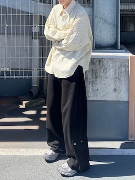 「Chikashitsu +（チカシツプラス）のアイテム（スウェットパンツ）」を使った、Never mind the XU / Chikashitsu+さん（メンズ・179cm）の春コーディネート