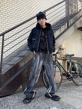 「NOMANUAL（NOMANUAL）のアイテム（帽子）」を使った、Never mind the XU / Chikashitsu+さん（メンズ・173cm）の冬コーディネート