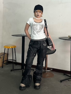 「BLACKPURPLE（ブラックパープル）のアイテム」を使った、Never mind the XU / Chikashitsu+さん（レディース・154cm）の夏コーディネート