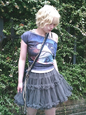 「Never mind the XU / Chikashitsu+（ネバーマインド ザ エックスユー / チカシツプラス）の【Nerd out XU】volume frill skirt / 【ナードアウトエックスユー】ボリュームフリルスカート＜着用動画あり＞（スカート、グレー系）」を使った、Never mind the XU / Chikashitsu+さん（メンズ・171cm）の夏コーディネート