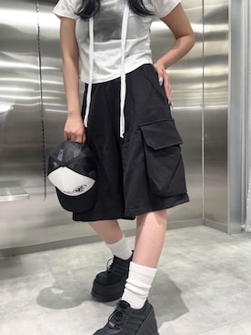 「FLAREUP（フレアアップ）のアイテム（トップス）」を使った、Never mind the XU / Chikashitsu+さん（レディース・157cm）の夏コーディネート