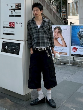 「アイテム（トップス）」を使った、Never mind the XU / Chikashitsu+さん（メンズ・178cm）の夏コーディネート