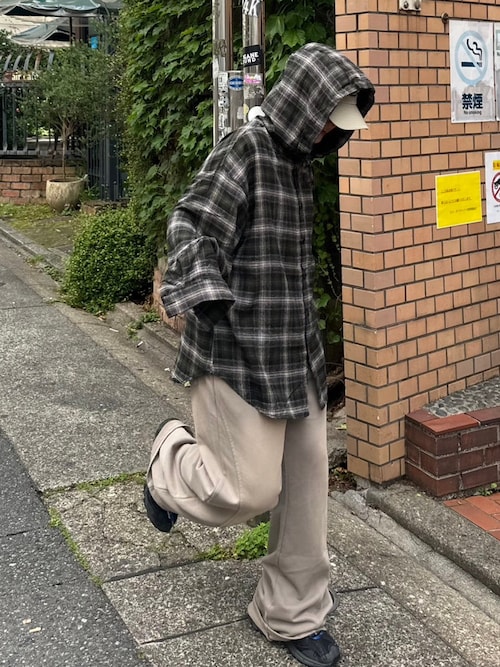Chikashitsu +】glen check hooded shirt（シャツ/ブラウス