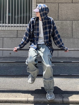 「XU（エックスユー）のアイテム（パンツ）」を使った、Never mind the XU / Chikashitsu+さん（メンズ・184cm）の夏コーディネート