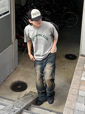 「NOMANUAL（NOMANUAL）のアイテム（帽子）」を使った、Never mind the XU / Chikashitsu+さん（メンズ・182cm）の春コーディネート