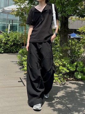 「Chikashitsu +（チカシツプラス）のアイテム（スラックス）」を使った、Never mind the XU / Chikashitsu+さん（メンズ・170cm）の夏コーディネート
