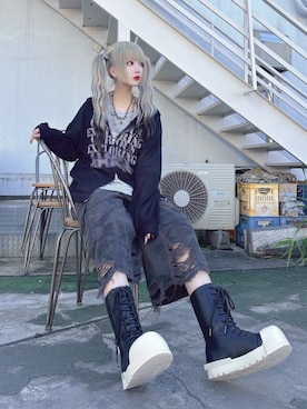 「アイテム（パーカー）」を使った、Never mind the XU / Chikashitsu+さん（メンズ・158cm）の夏コーディネート
