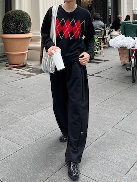 「Chikashitsu +（チカシツプラス）のアイテム（スウェットパンツ）」を使った、Never mind the XU / Chikashitsu+さん（メンズ・175cm）の春コーディネート