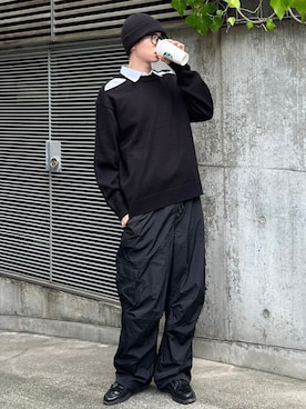 「Chikashitsu +（チカシツプラス）のアイテム（ニット/セーター）」を使った、Never mind the XU / Chikashitsu+さん（メンズ・181cm）の秋コーディネート