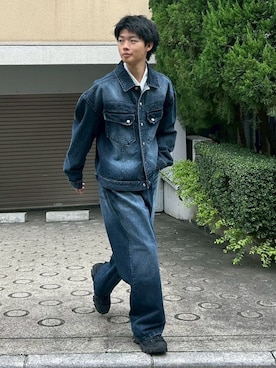 「Chikashitsu +（チカシツプラス）のアイテム（デニムパンツ）」を使った、Never mind the XU / Chikashitsu+さん（メンズ・175cm）の秋コーディネート