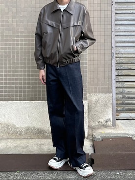 「Chikashitsu +（チカシツプラス）のアイテム（ライダースジャケット）」を使った、Never mind the XU / Chikashitsu+さん（メンズ・184cm）の秋コーディネート
