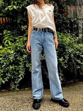 「BASIC COTTON（ベーシックコットン）のアイテム（トップス）」を使った、Never mind the XU / Chikashitsu+さん（レディース・168cm）の夏コーディネート