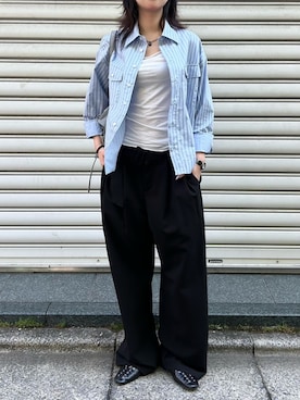 「Chikashitsu +（チカシツプラス）のアイテム（スラックス）」を使った、Never mind the XU / Chikashitsu+さん（レディース・165cm）の春コーディネート