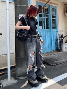 「FLAREUP（フレアアップ）のアイテム（トップス）」を使った、Never mind the XU / Chikashitsu+さん（レディース・154cm）の夏コーディネート