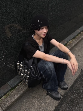 「Chikashitsu +（チカシツプラス）の【Chikashitsu +】mix eyelet studs beanie (3color) / 【チカシツプラス】ミックスアイレットスタッズビーニー（ニットキャップ/ビーニー、ブラック系）」を使った、Never mind the XU / Chikashitsu+さん（レディース・150cm）の夏コーディネート