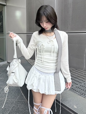 「Never mind the XU / Chikashitsu+（ネバーマインド ザ エックスユー / チカシツプラス）の【nmtc+】back logo cross long sleeve / 【エヌエムティーシープラス】バッククロスロゴ長袖Tシャツ（Tシャツ/カットソー、ホワイト系）」を使った、Never mind the XU / Chikashitsu+さん（レディース・157cm）の春コーディネート