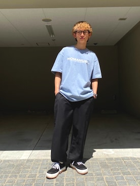 「NOMANUAL（NOMANUAL）のアイテム（トップス）」を使った、Never mind the XU / Chikashitsu+さん（メンズ・168cm）の夏コーディネート