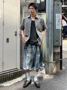 「Chikashitsu +（チカシツプラス）のアイテム（デニムパンツ）」を使った、Never mind the XU / Chikashitsu+さん（メンズ・178cm）の秋コーディネート