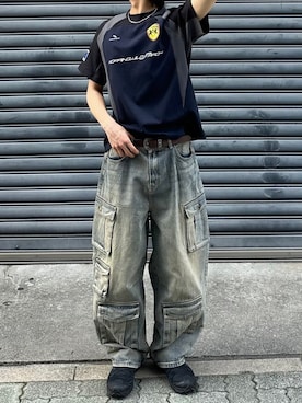 「XU（エックスユー）のアイテム（パンツ）」を使った、Never mind the XU / Chikashitsu+さん（メンズ・182cm）の春コーディネート