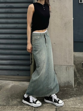 「Chikashitsu +（チカシツプラス）のアイテム（Tシャツ/カットソー）」を使った、Never mind the XU / Chikashitsu+さん（レディース・168cm）の夏コーディネート